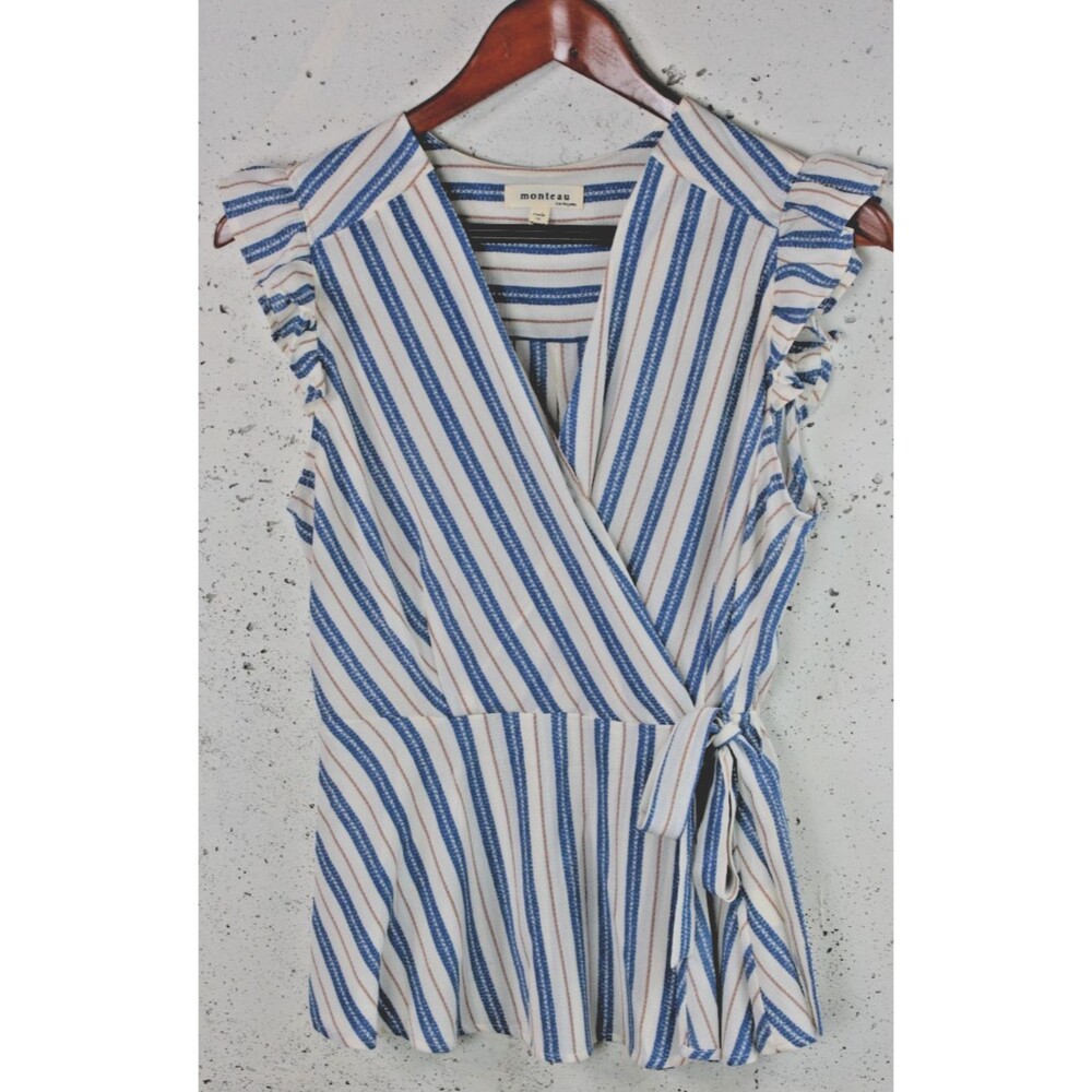 Monteau Los Angeles Top Womens Size Large Cream Blue Striped Faux Wrap Blouse